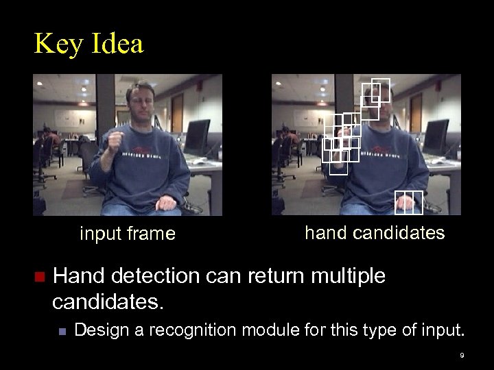 Key Idea input frame n hand candidates Hand detection can return multiple candidates. n