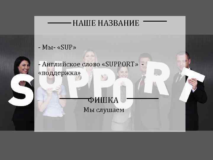 НАШЕ НАЗВАНИЕ - Мы- «SUP» - Английское слово «SUPPORT» «поддержка» ФИШКА Мы слушаем 