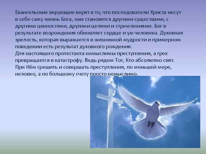 Евангельские верующие верят в то, что последователи Христа несут в себе саму жизнь Бога,