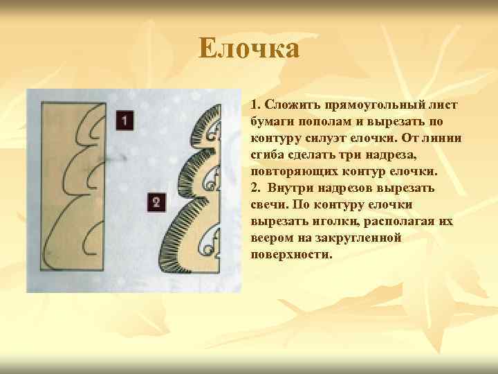 Елочка 1. Сложить прямоугольный лист бумаги пополам и вырезать по контуру силуэт елочки. От