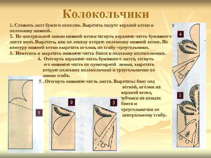Колокольчики 1. Сложить лист бумаги пополам. Вырезать силуэт верхней ветки и половинку нижней. 2.