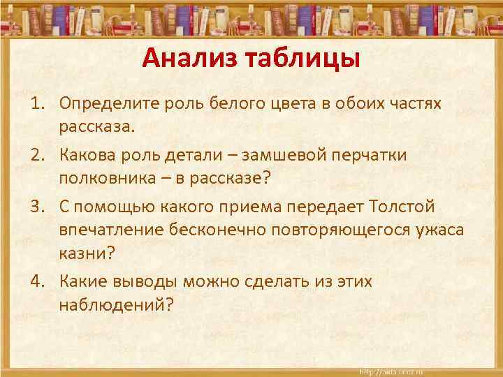 Анализ таблицы 1. Определите роль белого цвета в обоих частях рассказа. 2. Какова роль