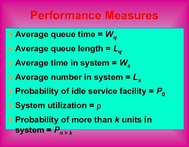 Performance Measures ¨ Average queue time = Wq ¨ Average queue length = Lq