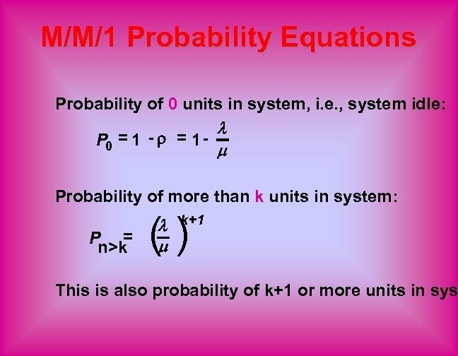 M/M/1 Probability Equations Probability of 0 units in system, i. e. , system idle: