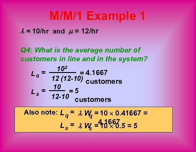 M/M/1 Example 1 = 10/hr and = 12/hr Q 4: What is the average