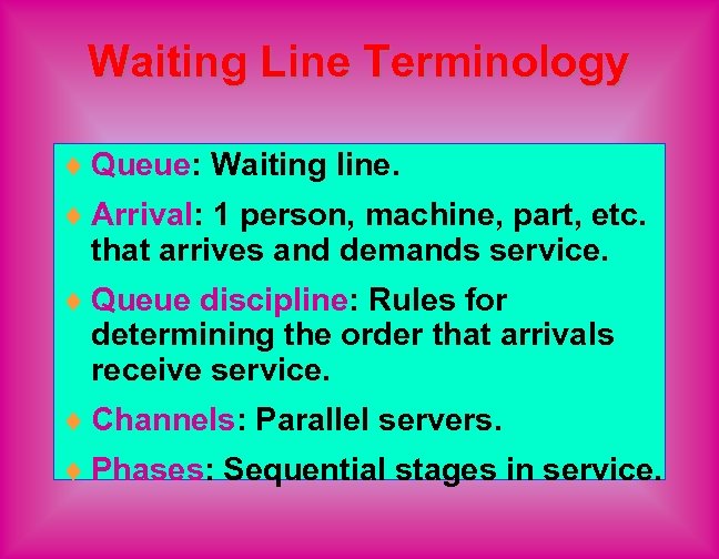 Waiting Line Terminology ¨ Queue: Waiting line. ¨ Arrival: 1 person, machine, part, etc.
