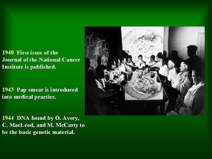 1940 First issue of the Journal of the National Cancer Institute is published. 1943