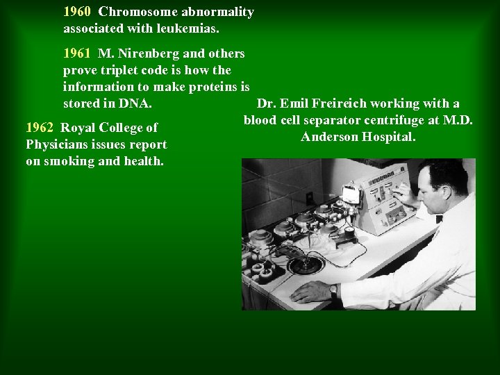 1960 Chromosome abnormality associated with leukemias. 1961 M. Nirenberg and others prove triplet code