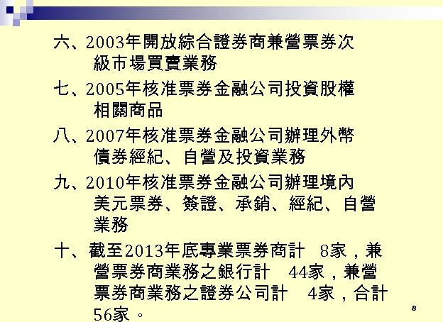 六、2003年開放綜合證券商兼營票券次 級市場買賣業務 七、2005年核准票券金融公司投資股權 相關商品 八、2007年核准票券金融公司辦理外幣 債券經紀、自營及投資業務 九、2010年核准票券金融公司辦理境內 美元票券、簽證、承銷、經紀、自營 業務 十、截至 2013年底專業票券商計 8家，兼 營票券商業務之銀行計 44家，兼營