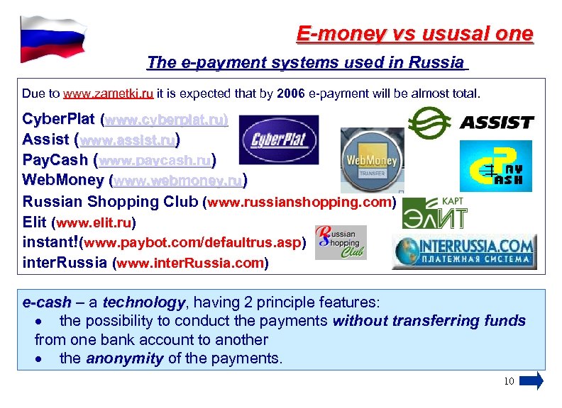 E-money vs ususal one The e-payment systems used in Russia Due to www. zametki.