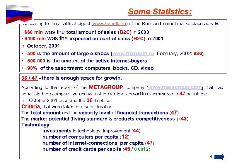 Some Statistics: According to the analitical digest (www. zametki. ru) of the Russian Internet
