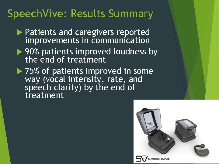 Speech. Vive: Results Summary Patients and caregivers reported improvements in communication 90% patients improved