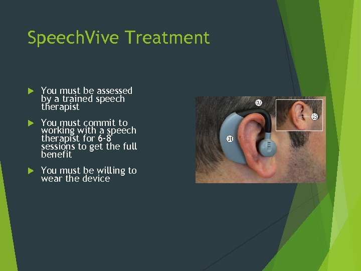 Speech. Vive Treatment You must be assessed by a trained speech therapist You must