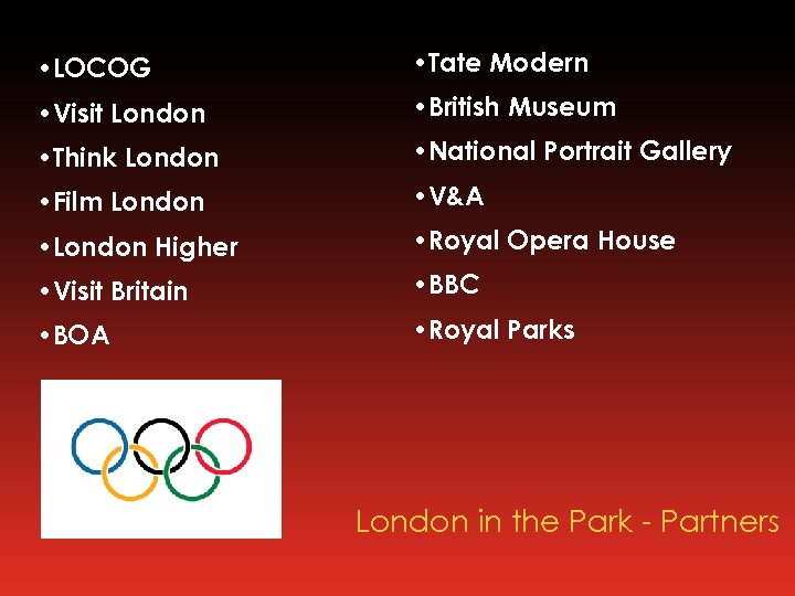  • LOCOG • Tate Modern • Visit London • British Museum • Think