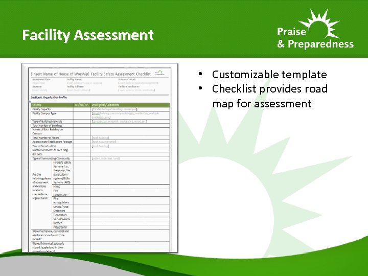 Facility Assessment • Customizable template • Checklist provides road map for assessment 