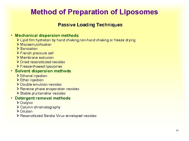 Method of Preparation of Liposomes Passive Loading Techniques • Mechanical dispersion methods Ø Lipid