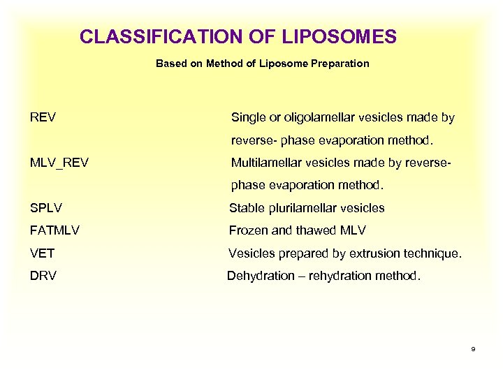 CLASSIFICATION OF LIPOSOMES Based on Method of Liposome Preparation REV Single or oligolamellar vesicles