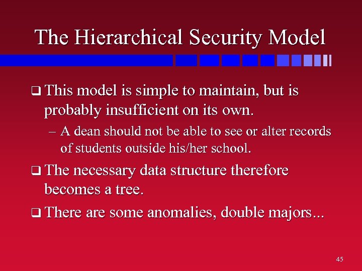 The Hierarchical Security Model q This model is simple to maintain, but is probably