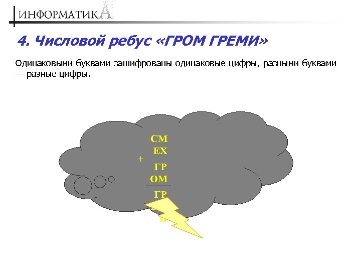 4. Числовой ребус «ГРОМ ГРЕМИ» Одинаковыми буквами зашифрованы одинаковые цифры, разными буквами — разные