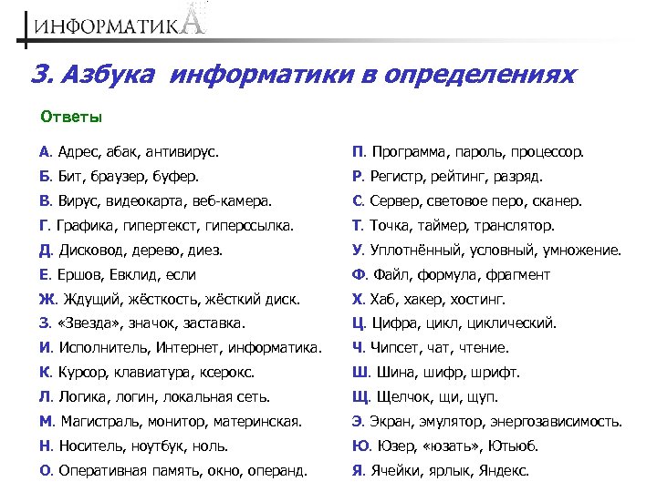 3. Азбука информатики в определениях Ответы А. Адрес, абак, антивирус. П. Программа, пароль, процессор.