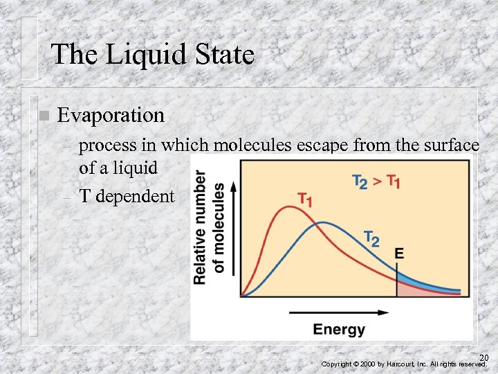 The Liquid State n Evaporation – – process in which molecules escape from the