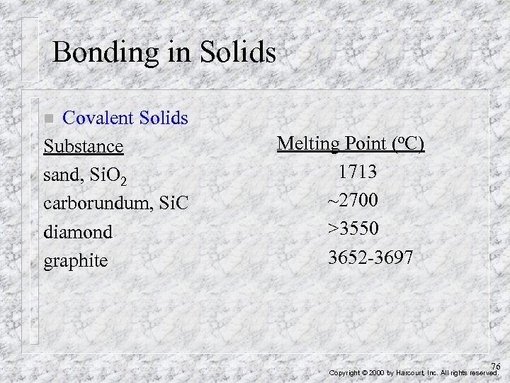 Bonding in Solids Covalent Solids Substance sand, Si. O 2 carborundum, Si. C diamond