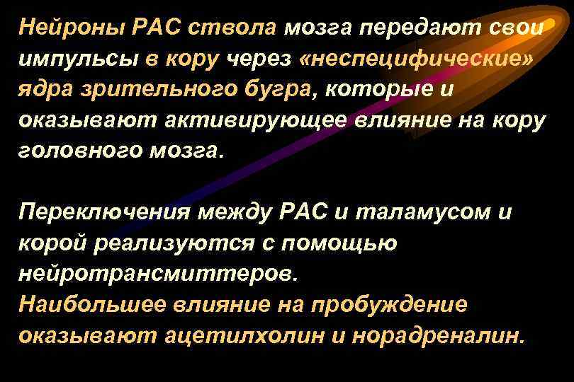 Нейроны РАС ствола мозга передают свои импульсы в кору через «неспецифические» ядра зрительного бугра,