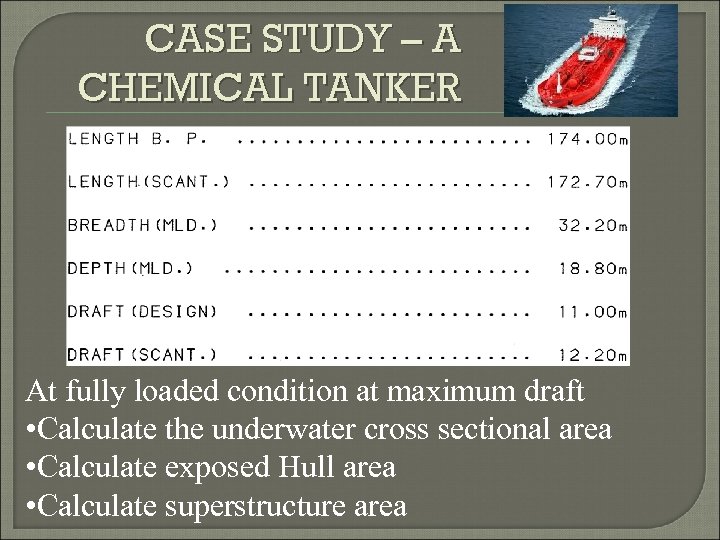 CASE STUDY – A CHEMICAL TANKER At fully loaded condition at maximum draft •