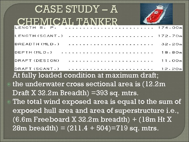 CASE STUDY – A CHEMICAL TANKER At fully loaded condition at maximum draft; the