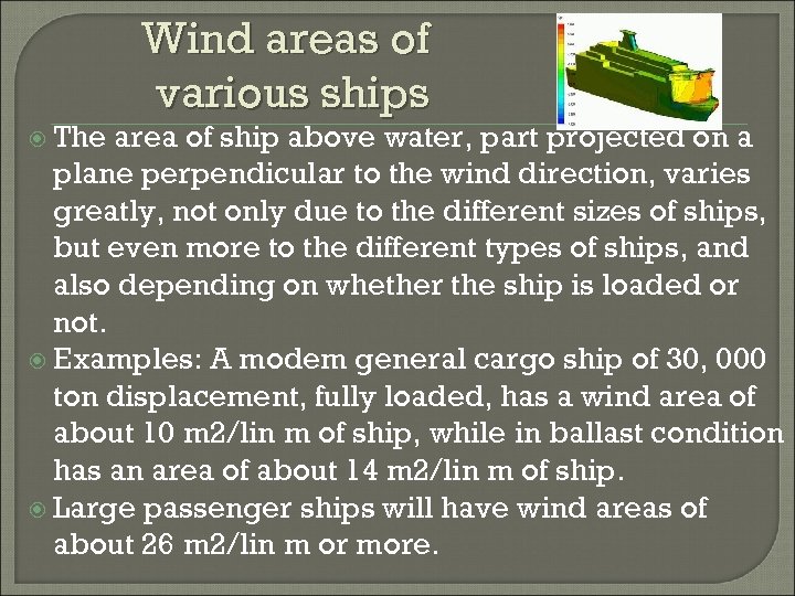  The Wind areas of various ships area of ship above water, part projected