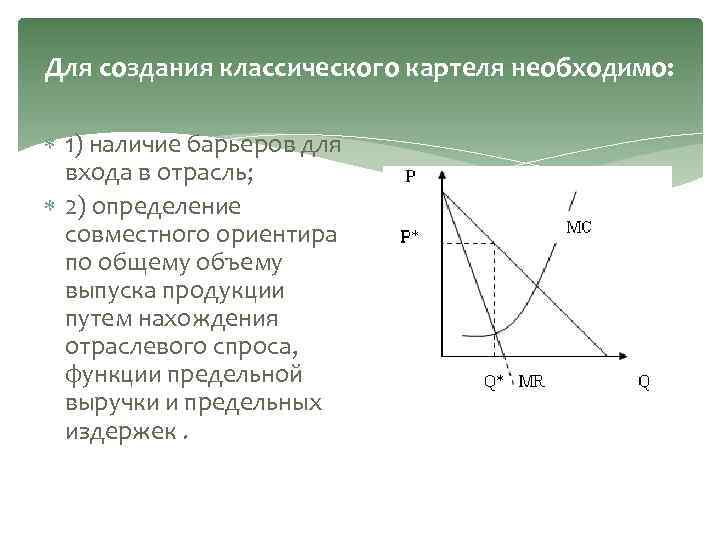 Для создания классического картеля необходимо: 1) наличие барьеров для входа в отрасль; 2) определение