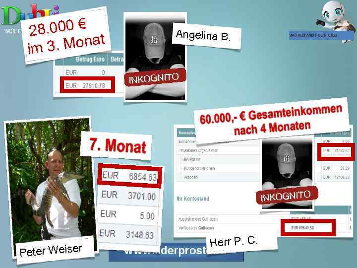 8. 000 € 2 t 3. Mona im Angelina B. WORLDWIDE BUSINESS INKOGNITO Peter