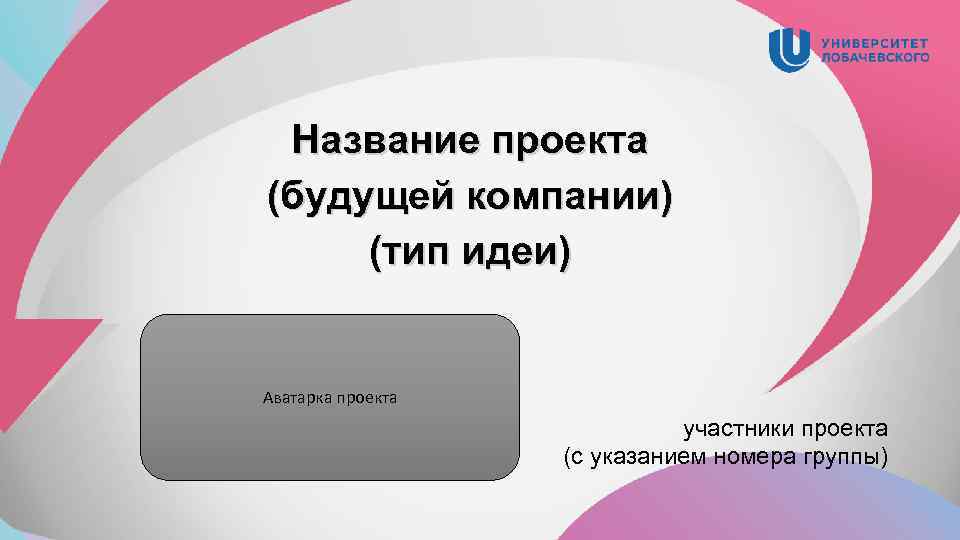 Название проекта (будущей компании) (тип идеи) Аватарка проекта участники проекта (с указанием номера группы)