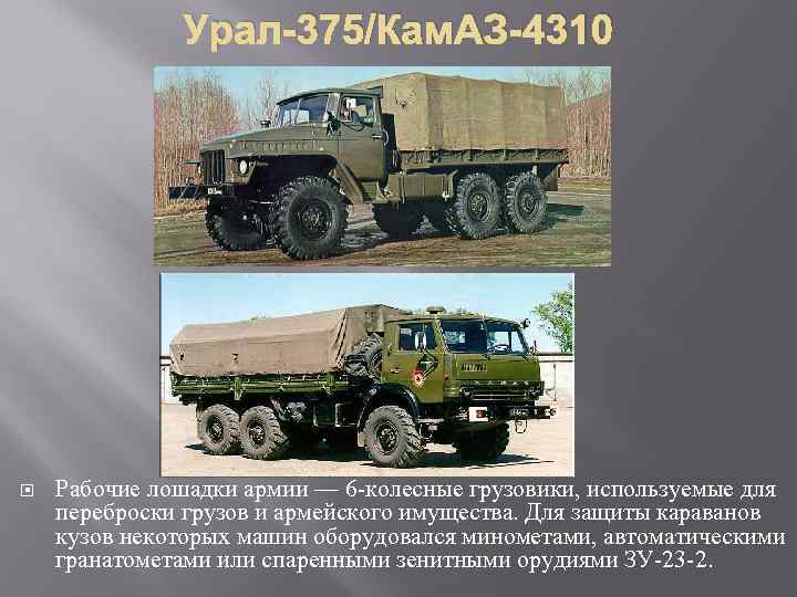 Урал-375/Кам. АЗ-4310 Рабочие лошадки армии — 6 -колесные грузовики, используемые для переброски грузов и