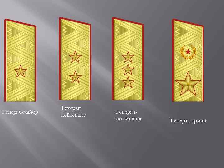 Генерал майор Генерал лейтенант Генерал полковник Генерал армии 