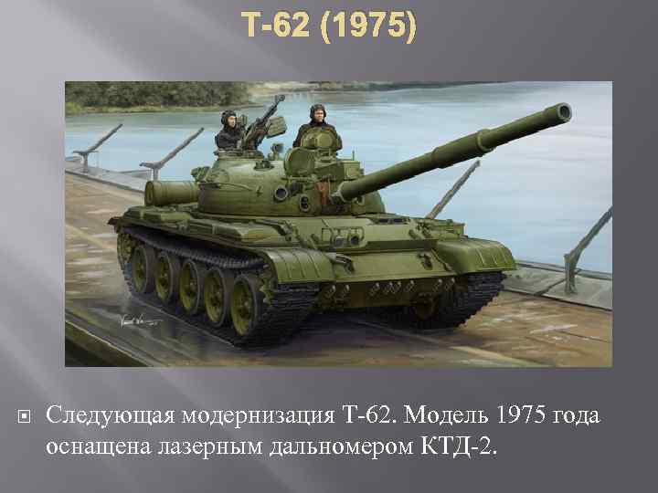 Т-62 (1975) Следующая модернизация Т 62. Модель 1975 года оснащена лазерным дальномером КТД 2.
