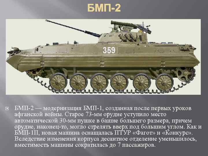 БМП-2 БМП 2 — модернизация БМП 1, созданная после первых уроков афганской войны. Старое