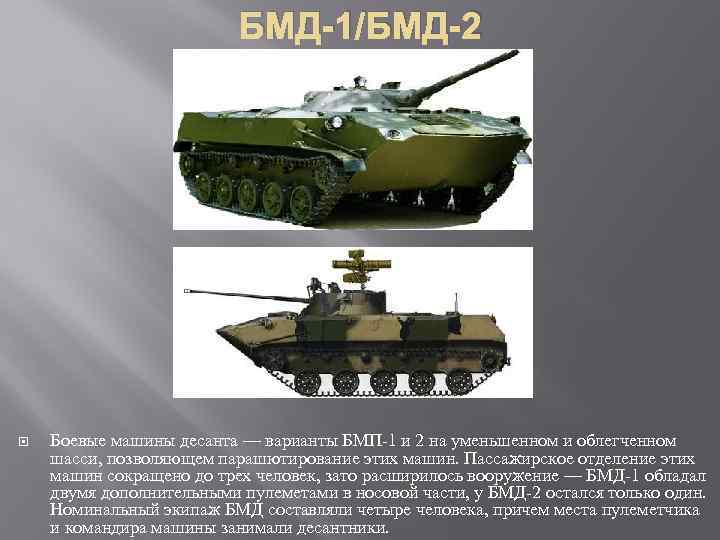 БМД-1/БМД-2 Боевые машины десанта — варианты БМП 1 и 2 на уменьшенном и облегченном