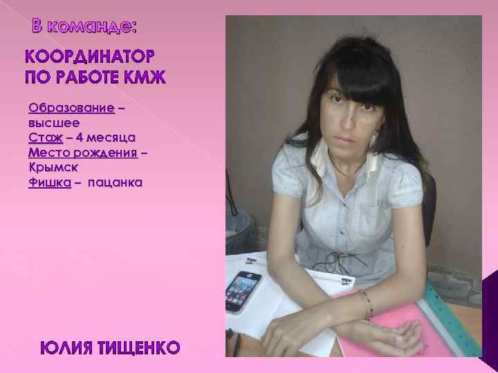 В команде: Образование – высшее Стаж – 4 месяца Место рождения – Крымск Фишка