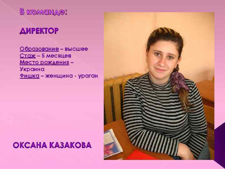 В команде: Образование – высшее Стаж – 5 месяцев Место рождения – Украина Фишка
