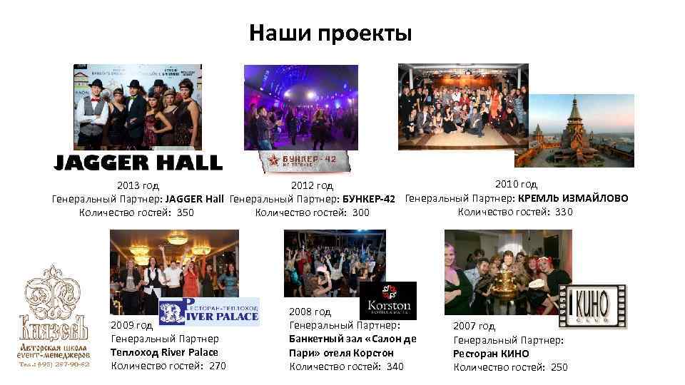 Наши проекты 2010 год 2012 год 2013 год Генеральный Партнер: JAGGER Hall Генеральный Партнер: