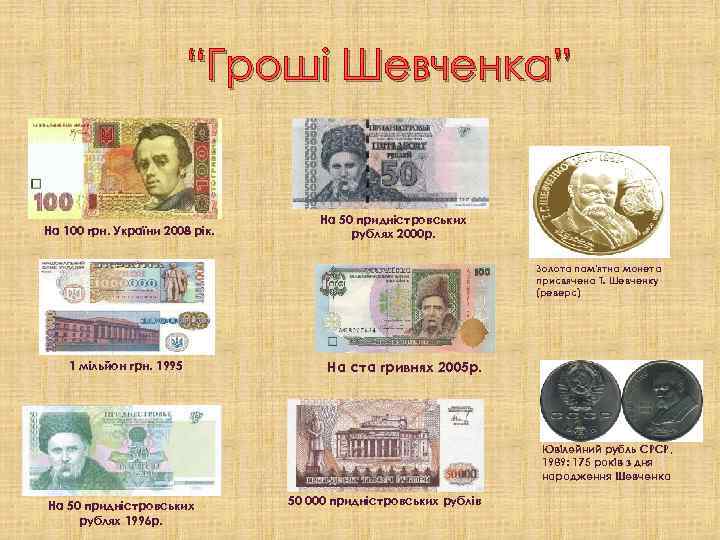 “Гроші Шевченка” На 100 грн. України 2008 рік. На 50 придністровських рублях 2000 р.