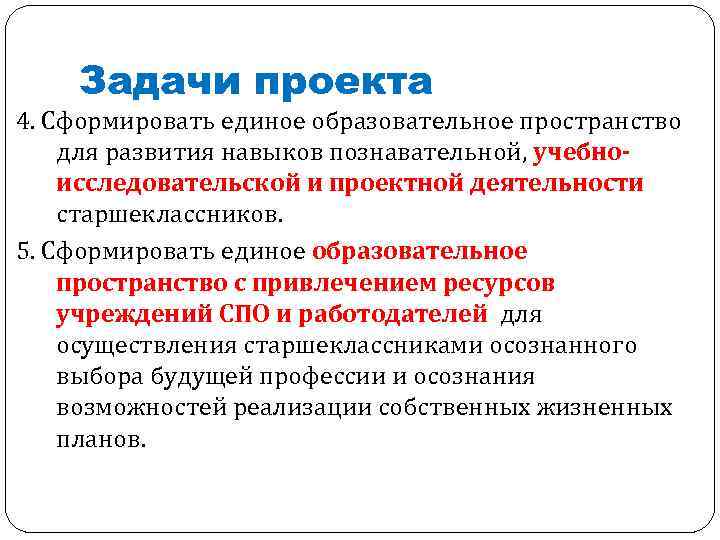 Задачи проекта 4. Сформировать единое образовательное пространство для развития навыков познавательной, учебноисследовательской и проектной