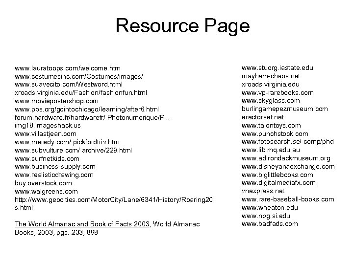 Resource Page www. lauratoops. com/welcome. htm www. costumesinc. com/Costumes/images/ www. suavecito. com/Westword. html xroads.