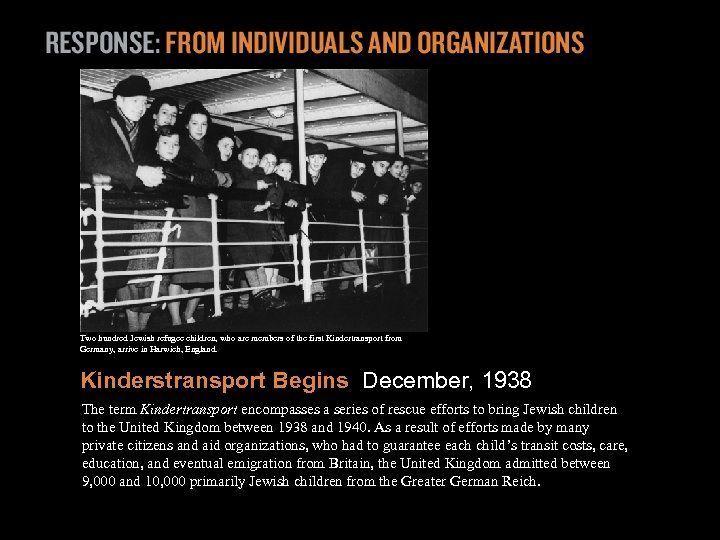Two hundred Jewish refugee children, who are members of the first Kindertransport from Germany,