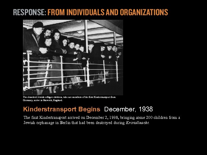 Two hundred Jewish refugee children, who are members of the first Kindertransport from Germany,