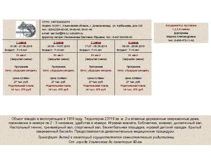 Общество с ограниченной ответственностью Санаторий «Сосновый бор» ОГРН: 1067302002074 Индекс: 433511, Ульяновская область, г.