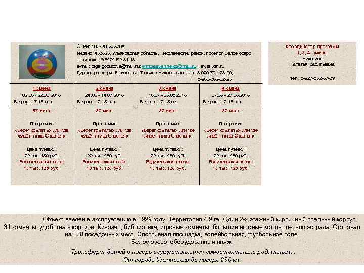 Муниципальное учреждение оздоровительный детский лагерь «Жемчужина» ОГРН: 1027300828708 Индекс: 433825, Ульяновская область, Николаевский район,