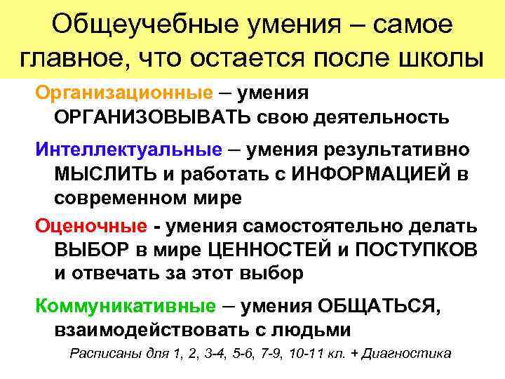 Общеучебные умения – самое главное, что остается после школы Организационные – умения ОРГАНИЗОВЫВАТЬ свою