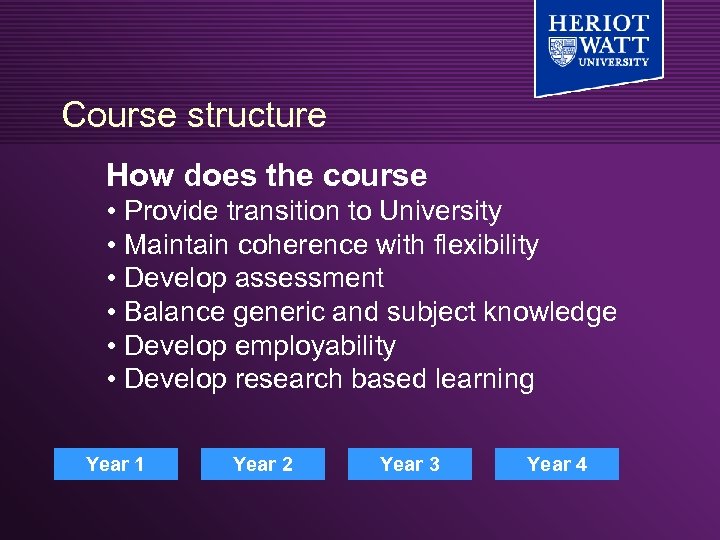 Course structure How does the course • Provide transition to University • Maintain coherence